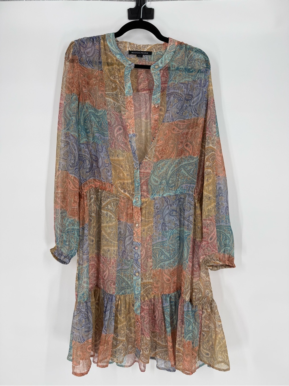Boston Proper Sheer Paisley Patchwork Midi Dress Large Boho Romantic Cottagecore